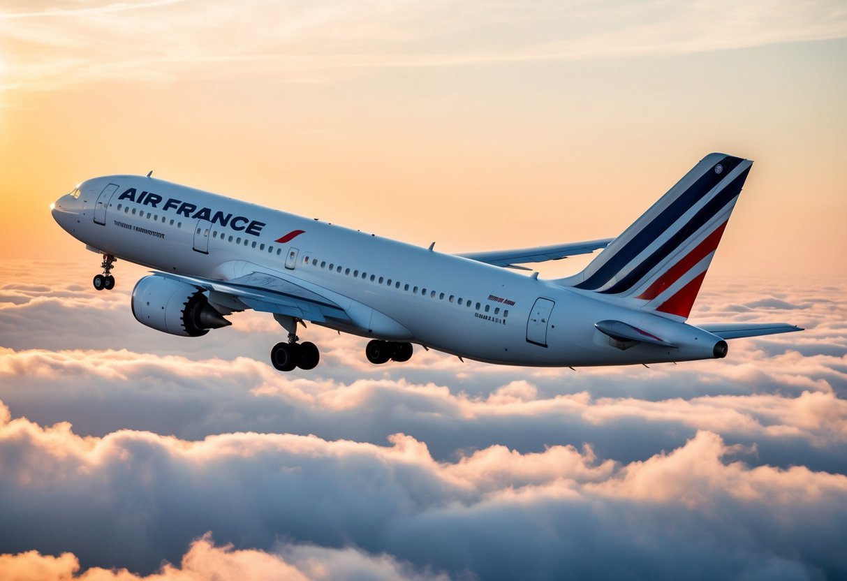 An airplane flying high above the clouds with the Air France logo prominently displayed on its tail fin. Sunrise colors the sky in the background
