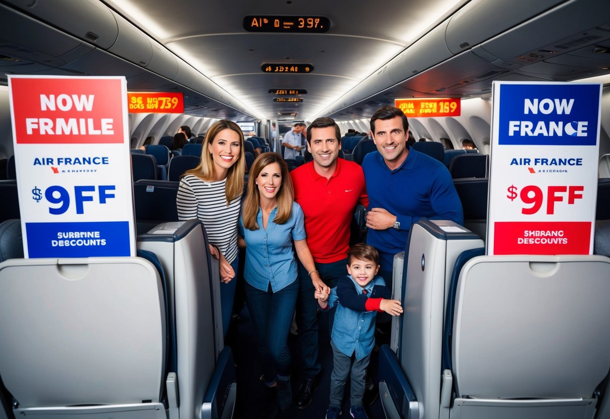 A family of four happily boards an Air France plane, surrounded by promotional signs and discounts