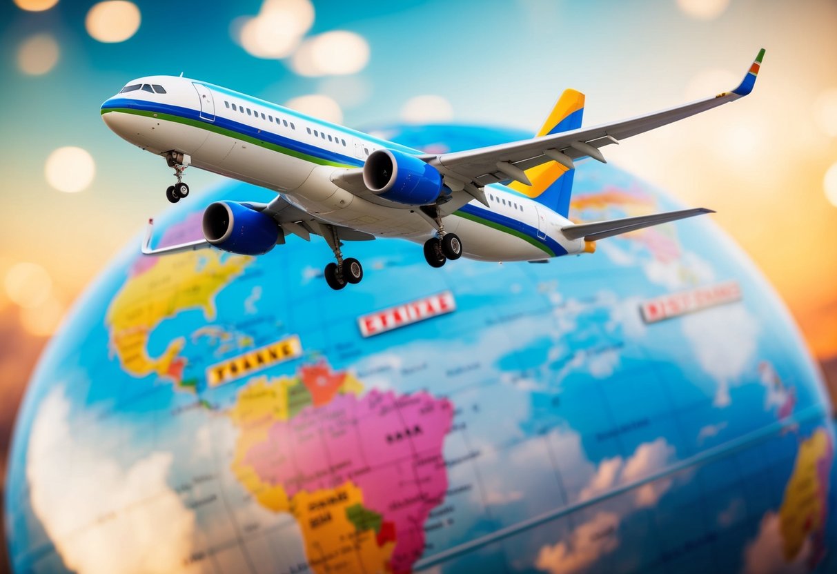 A colorful airplane flying over a globe with travel destinations marked