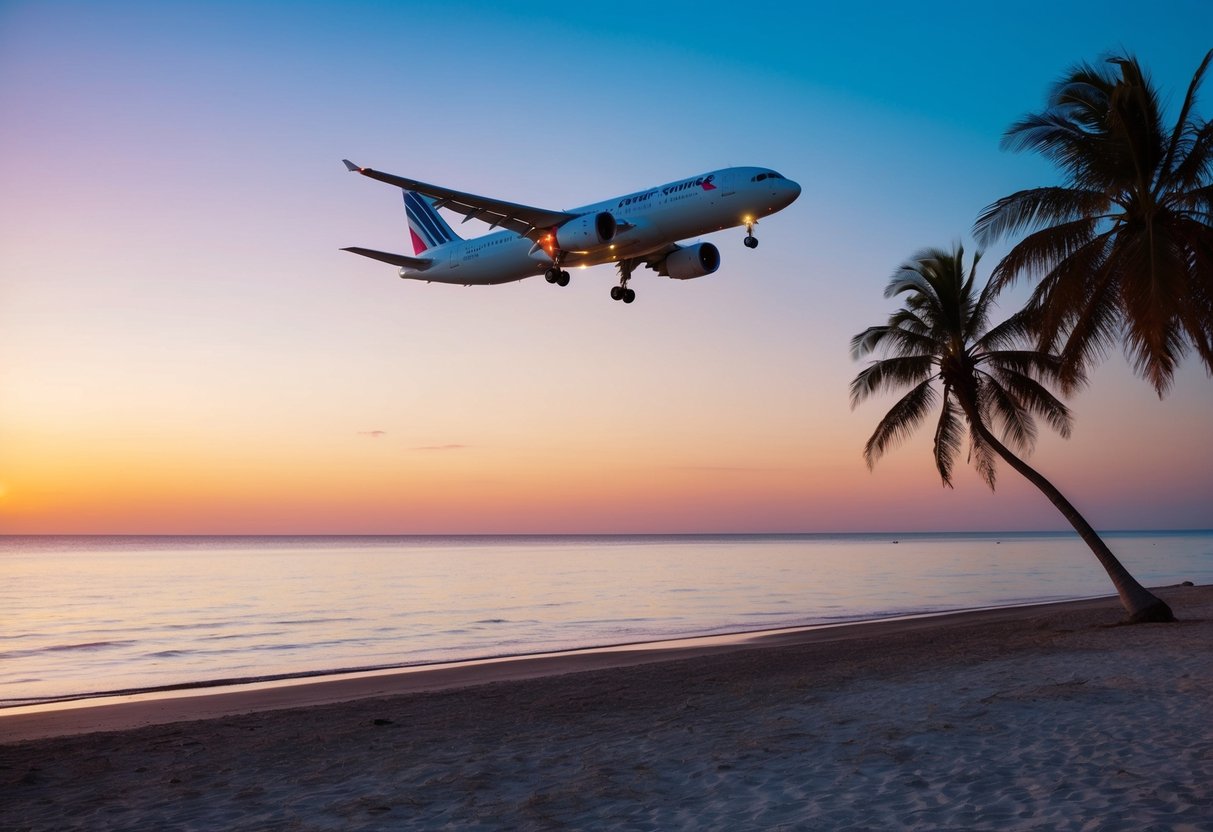 A tranquil beach with a colorful sunset, a plane with Air France logo flying overhead, and a couple of palm trees swaying in the breeze