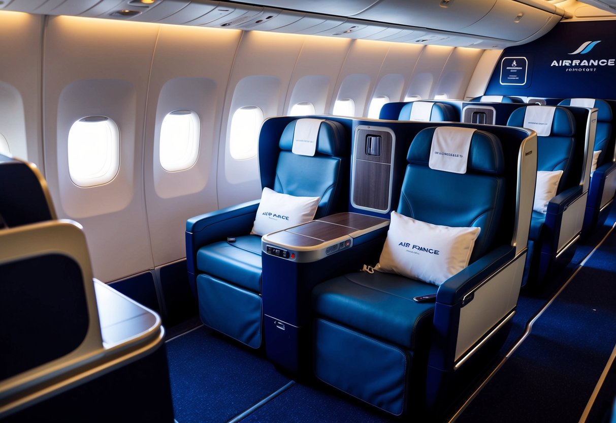 A sleek airplane cabin with plush, spacious seats and elegant amenities, showcasing the luxurious upgrades offered by Air France promotions