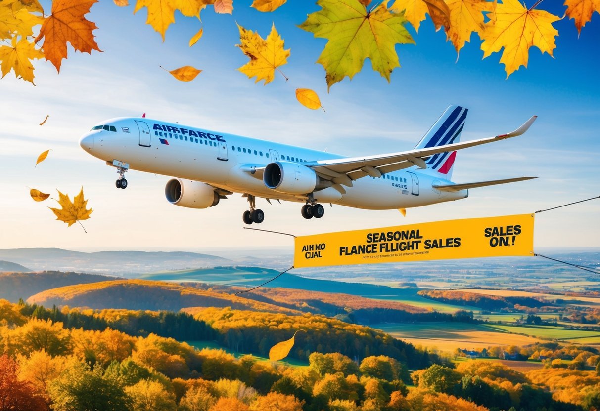 An airplane flying over a colorful autumn landscape with leaves falling and a banner promoting Air France seasonal flight sales