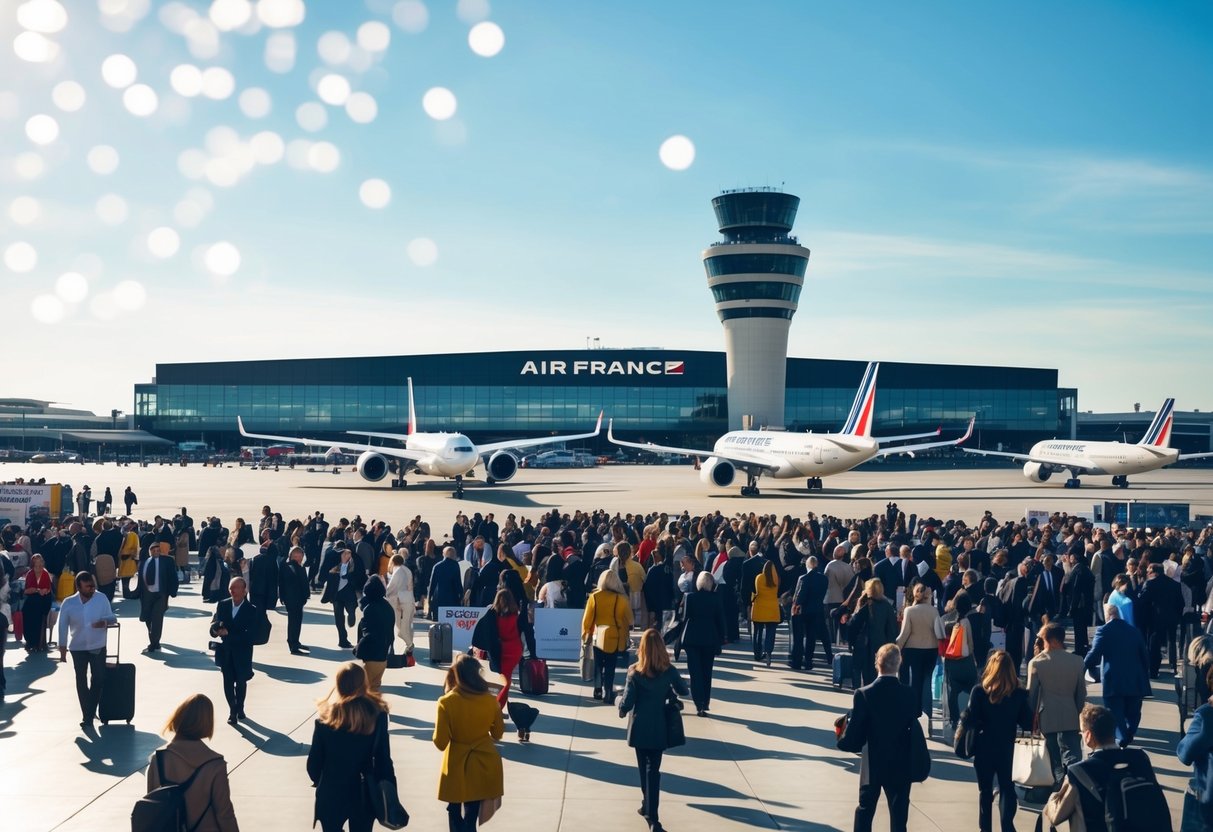 Air France promotions: A sunny airport terminal with a bustling crowd, airplanes on the tarmac, and a prominent Air France sign