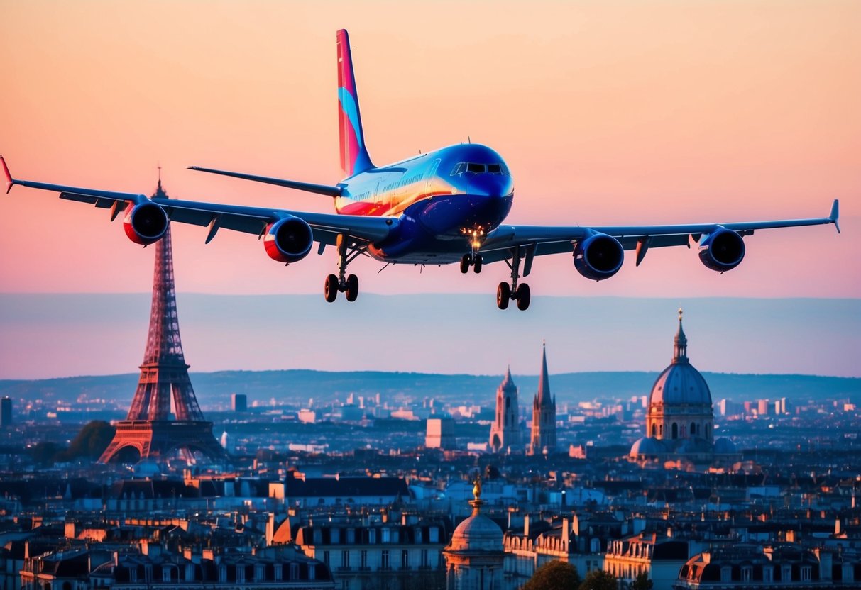 A vibrant airplane flying over iconic French landmarks