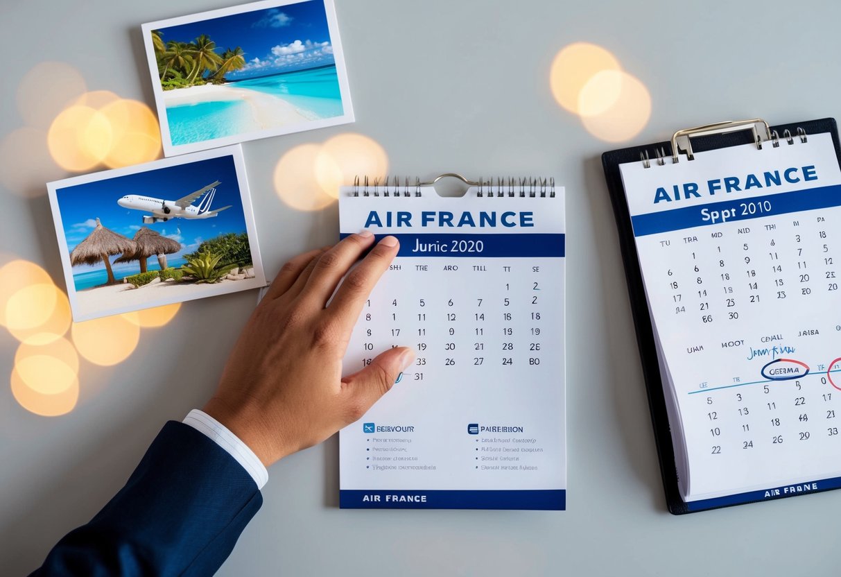A person booking a flight with Air France, surrounded by images of exotic destinations and a calendar with special promotion dates circled