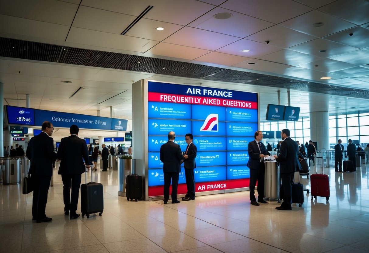 A busy airport terminal with a prominent "Frequently Asked Questions" display for Air France promotions. Customers and staff interact nearby