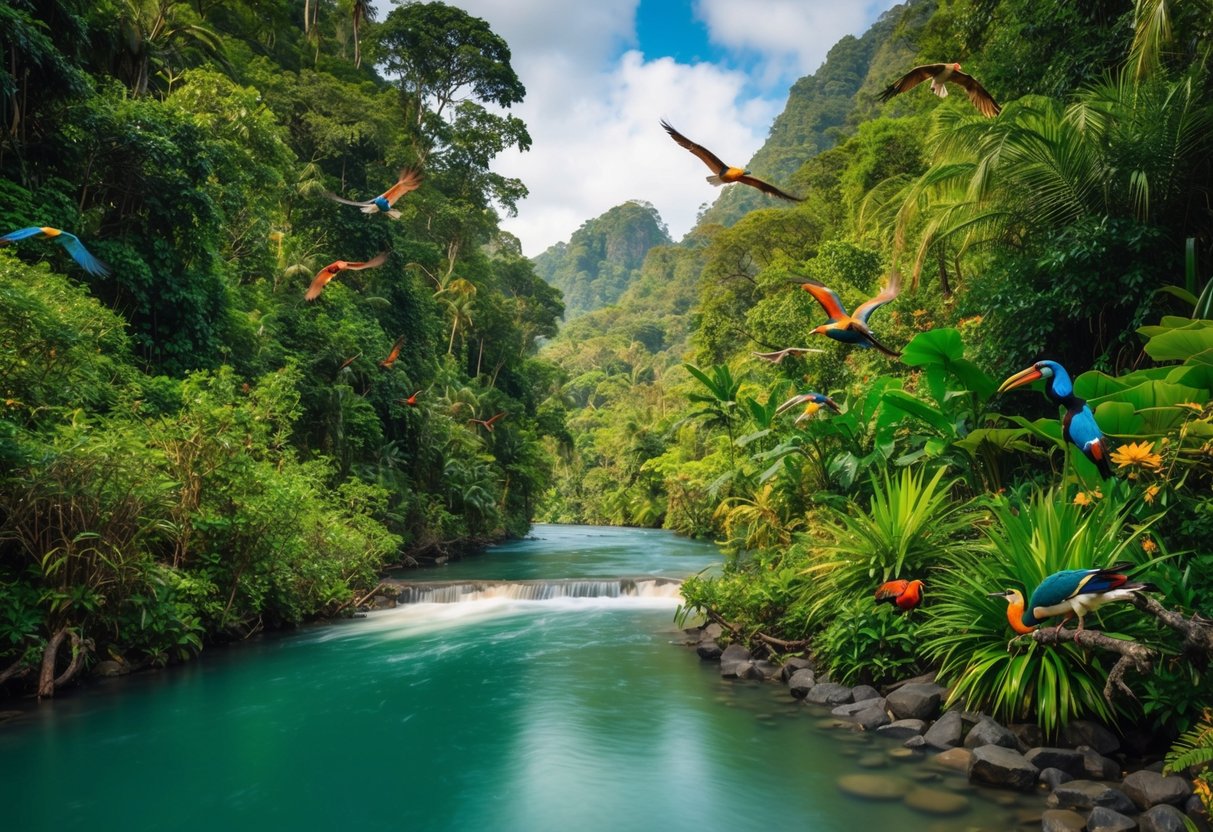 Lush rainforest river with colorful birds and exotic wildlife