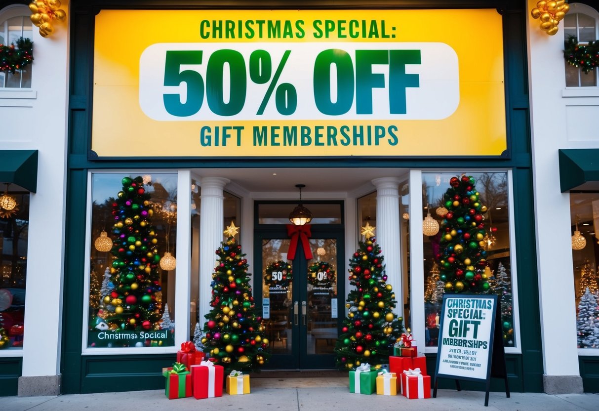 A festive storefront with a large sign advertising "Christmas Special: 50% Off Gift Memberships" surrounded by colorful holiday decorations