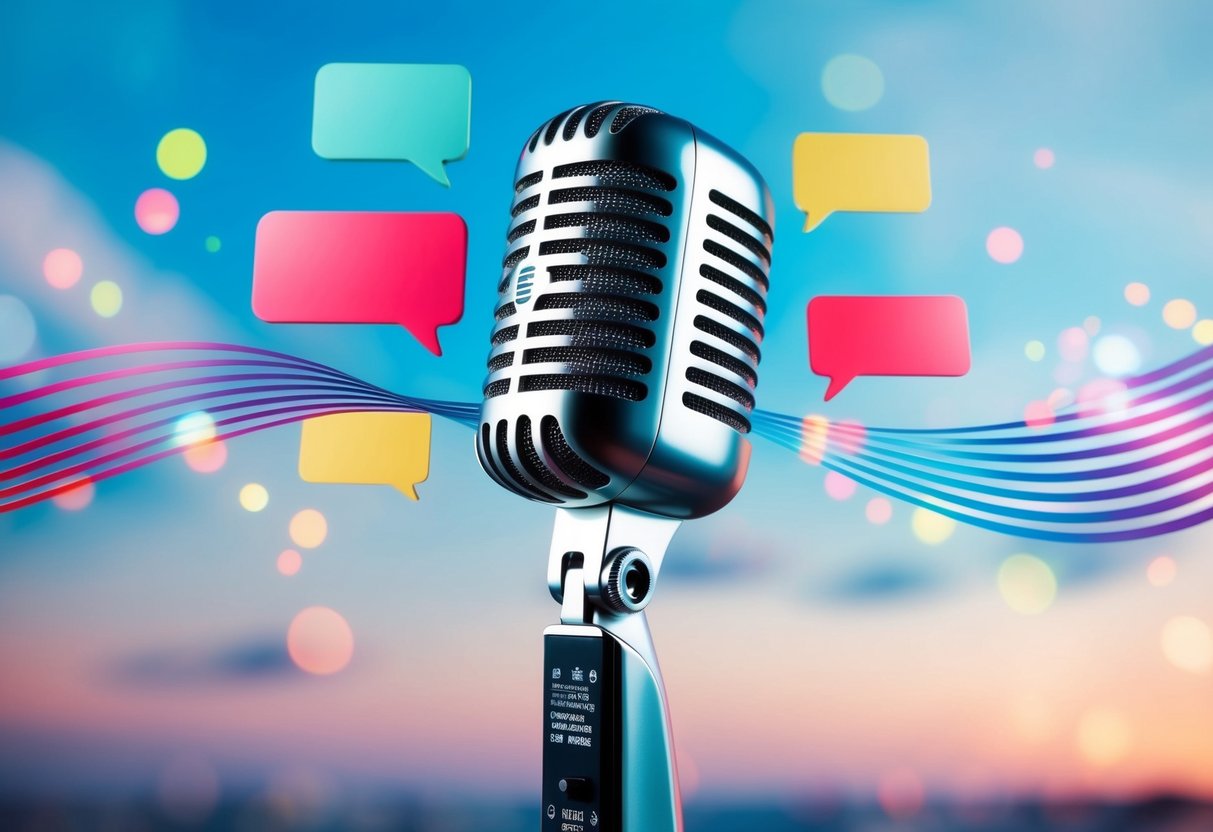 A microphone surrounded by colorful sound waves and speech bubbles
