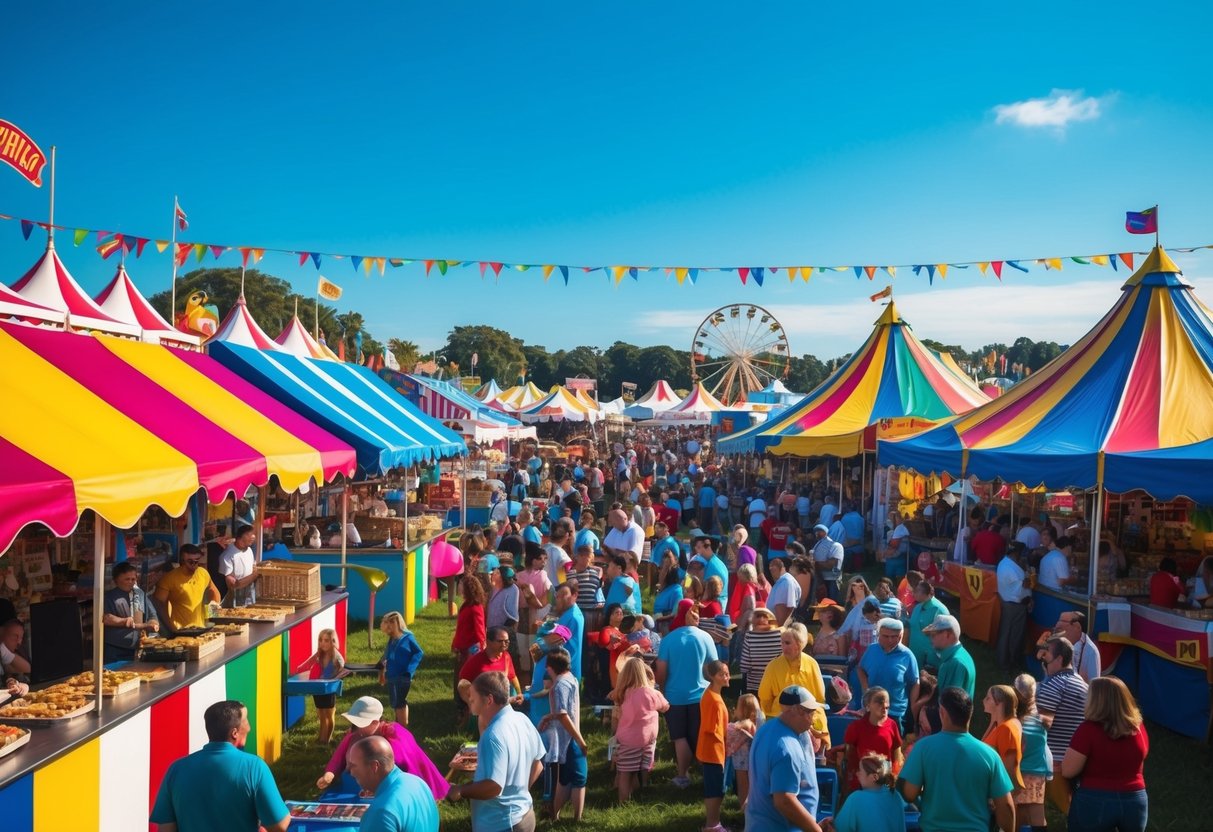 A vibrant carnival with colorful tents, food stalls, and lively music. Crowds of people enjoying games and rides under a bright blue sky