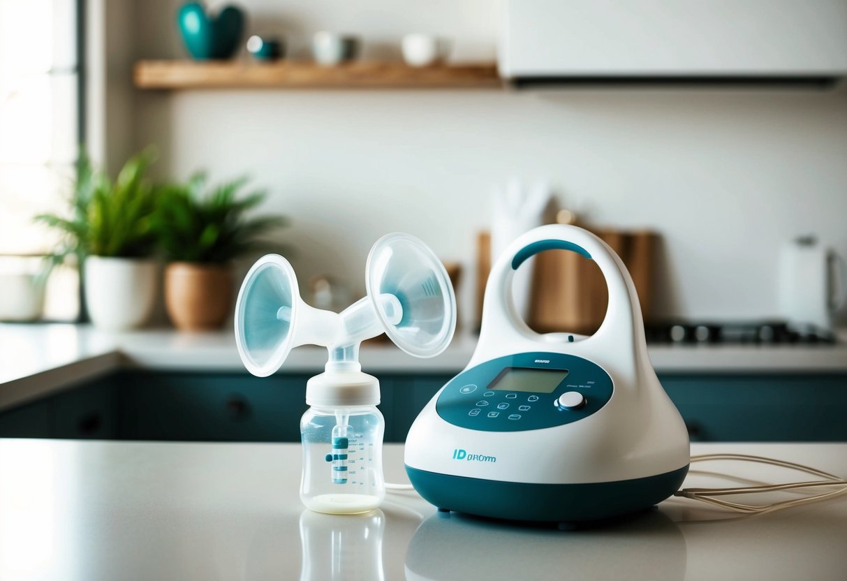 A woman's breast pump sitting on a clean, clutter-free countertop with soft lighting