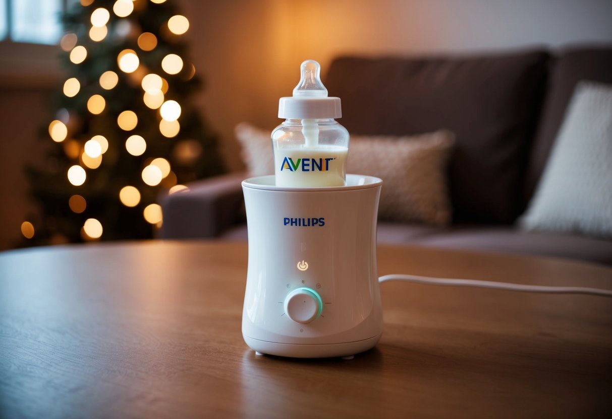 A bottle of milk is being gently warmed in the Philips Avent Fast Bottle Warmer, with a warm, cozy ambiance in the background