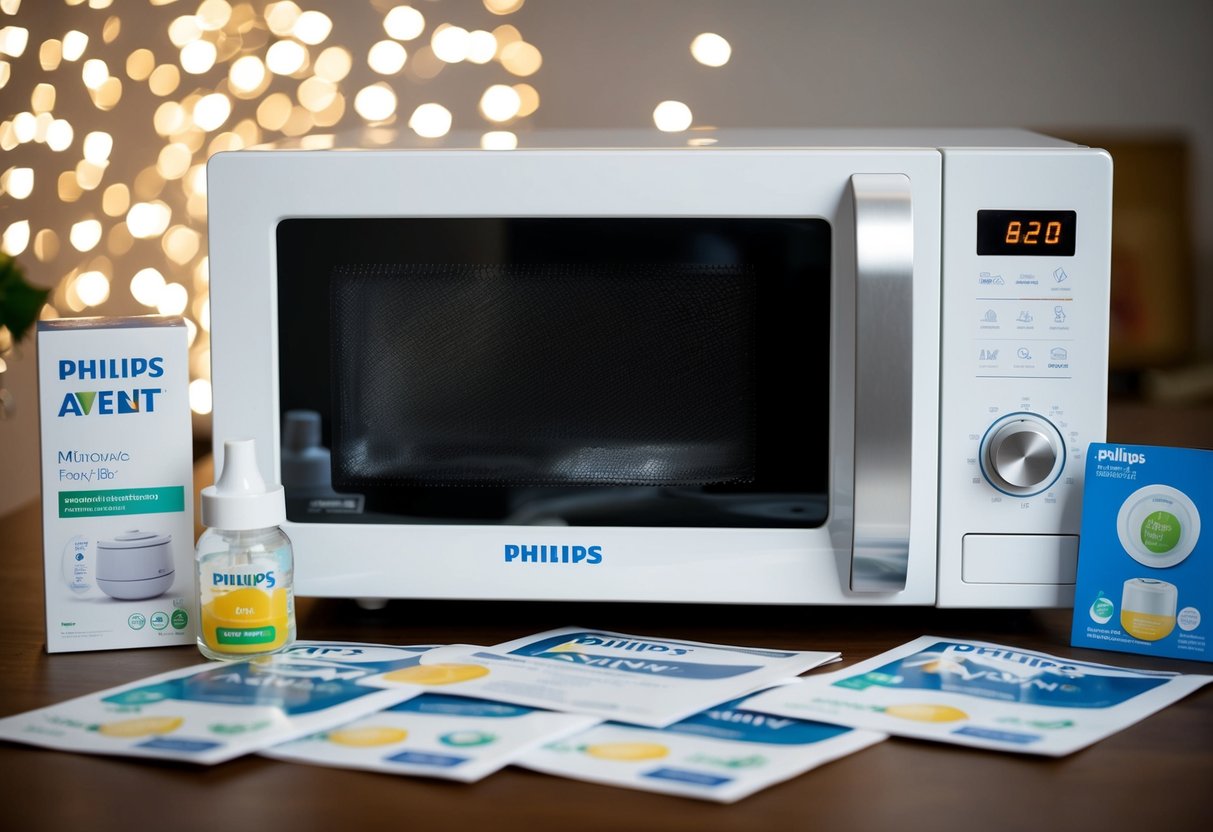 A microwave sterilizer with Philips Avent branding, surrounded by promotional materials