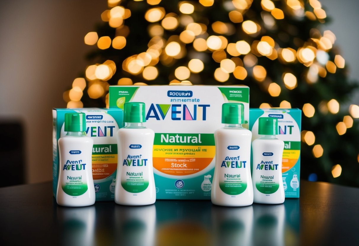 A gift set of Avent Natural Bottles displayed with promotional materials