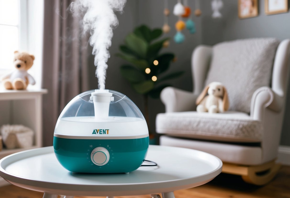 An Avent Ultrasonic Humidifier emitting a fine mist in a cozy nursery with soft lighting and a plush rocking chair