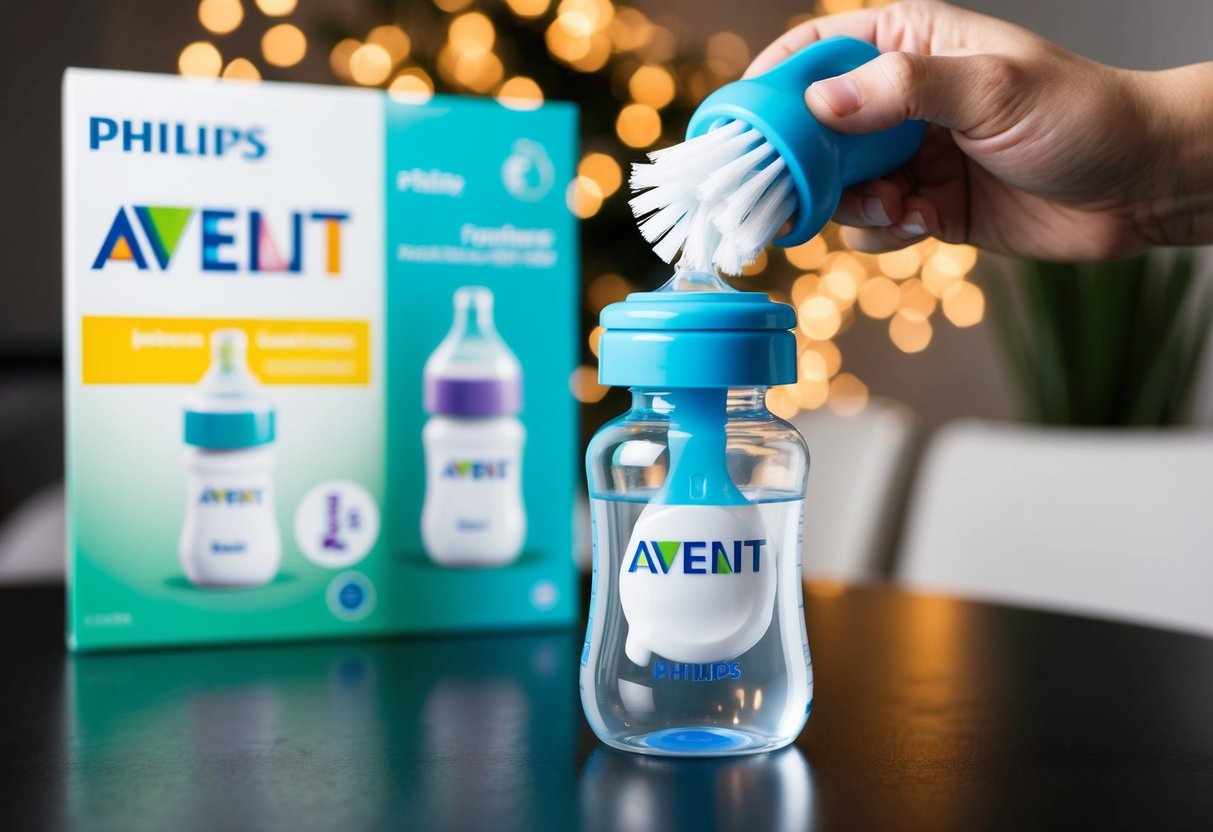 A bottle brush cleaning a Philips Avent bottle with promotional materials in the background