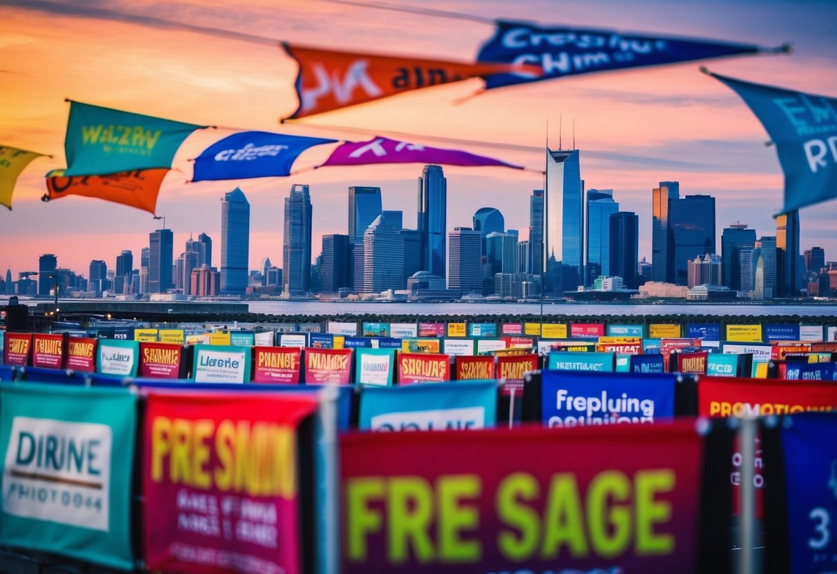 A vibrant city skyline with a colorful array of promotional banners flying in the wind