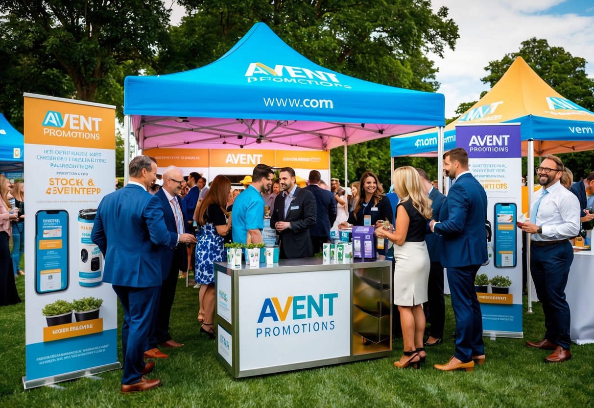 A vibrant outdoor event with branded tents, banners, and promotional products on display, surrounded by engaged attendees interacting with the Avent Promotions brand