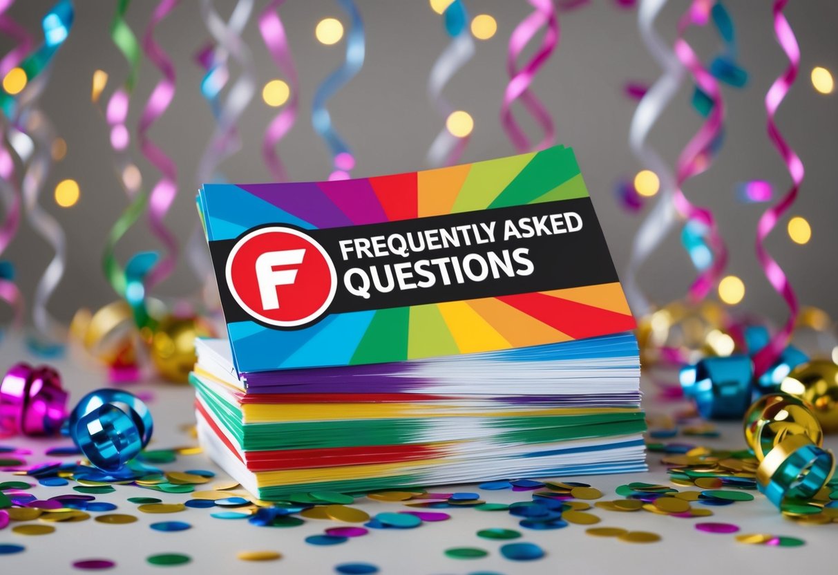 A stack of colorful promotional flyers with the "Frequently Asked Questions" logo displayed, surrounded by festive confetti and streamers