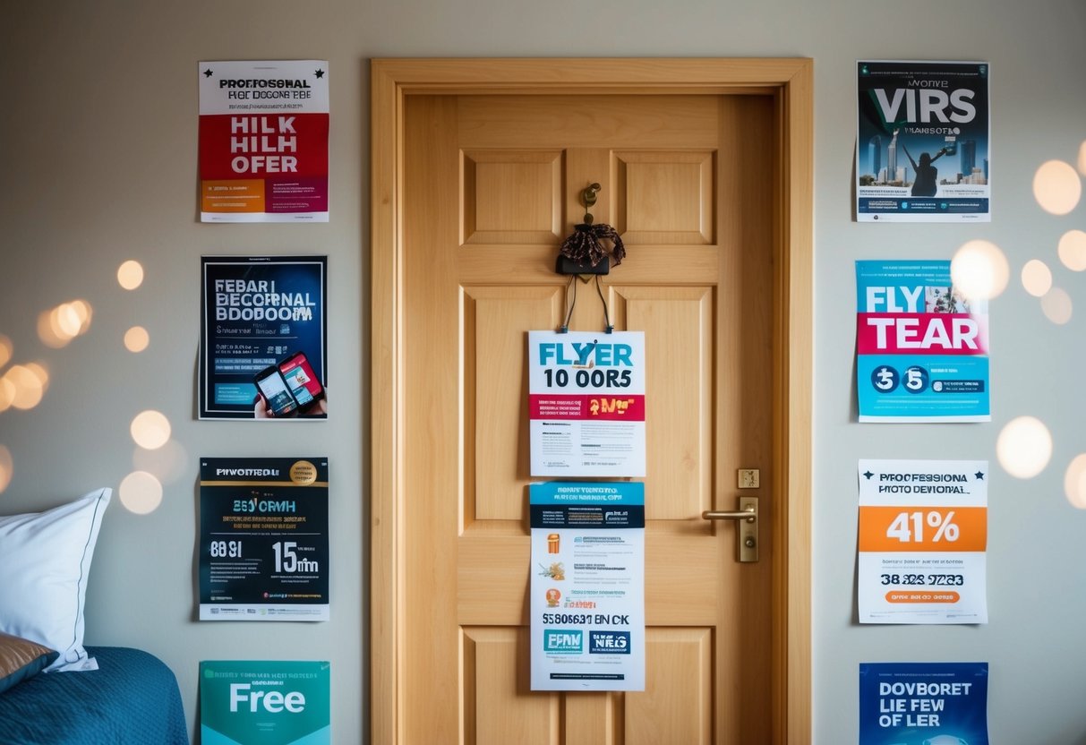 A bedroom door adorned with promotional posters and flyers