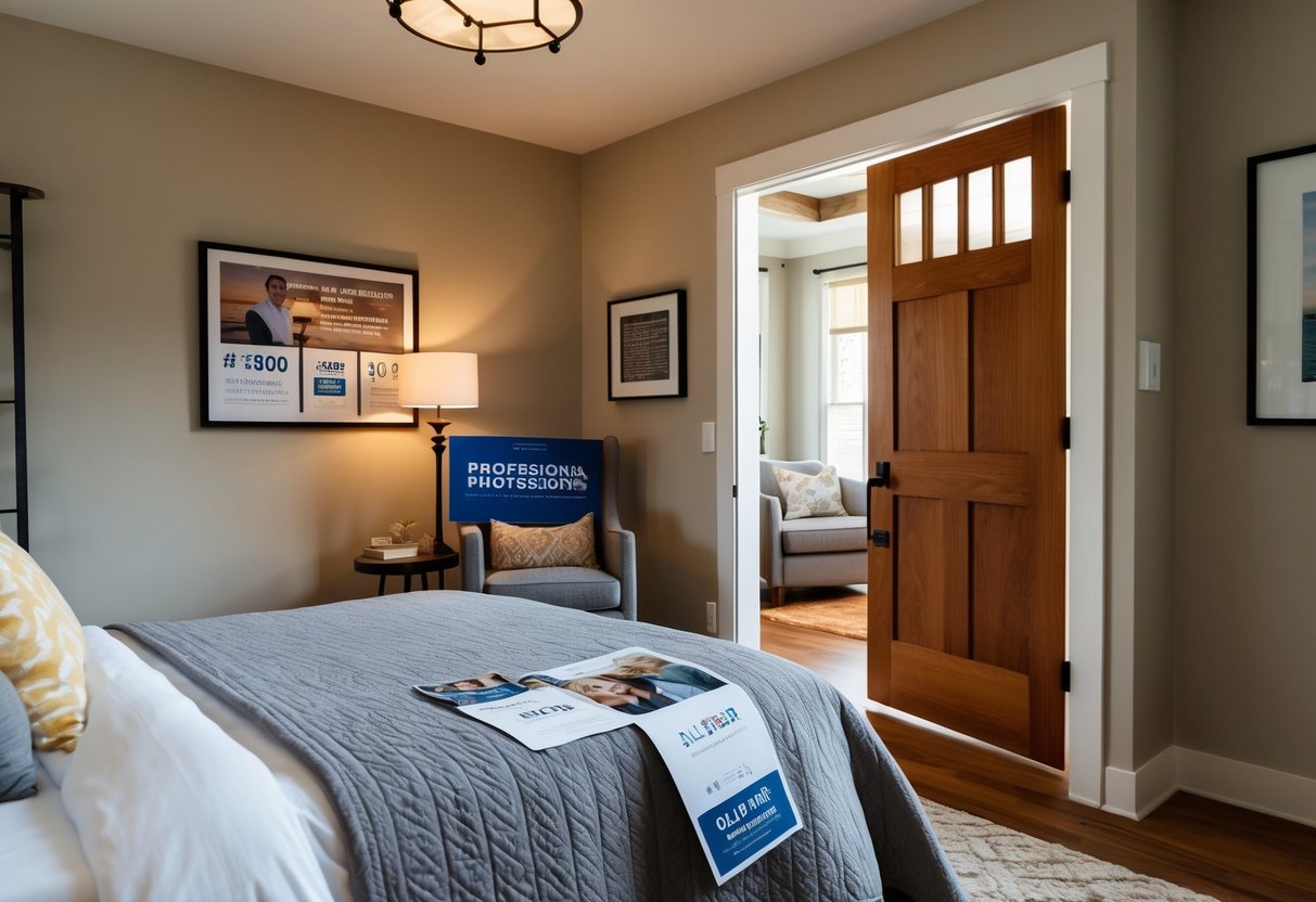 A cozy bedroom with an Oakwood Craftsman Door, adorned with promotional materials