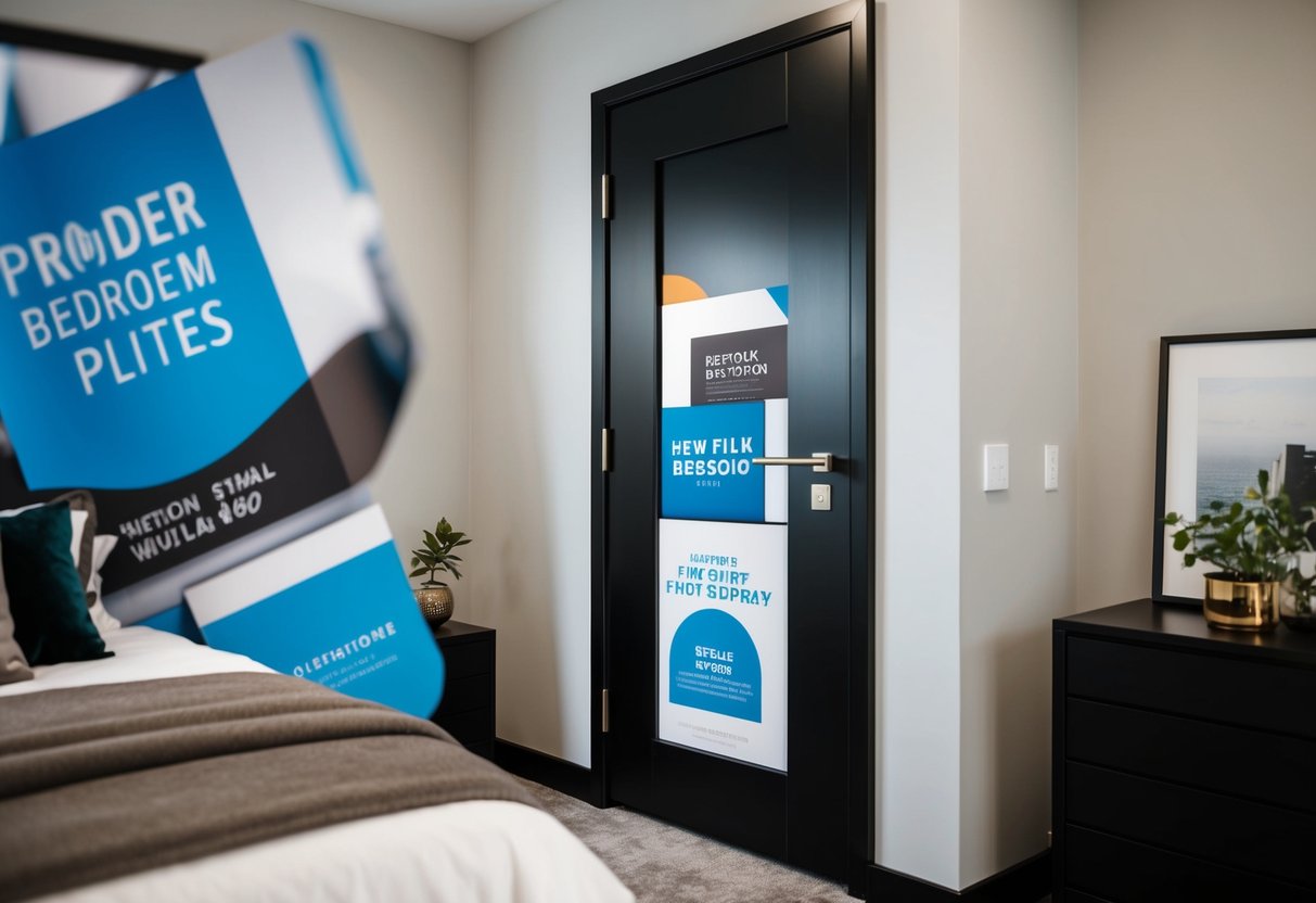 A sleek black modern bedroom door with promotional materials