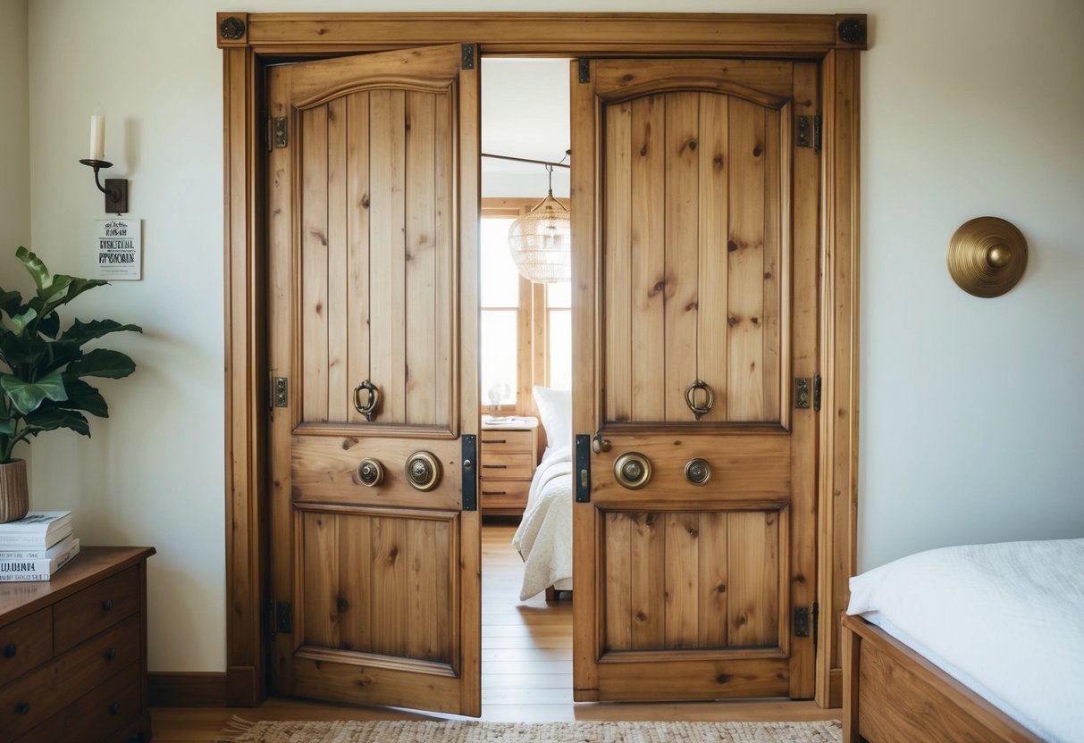 A vintage pine panelled door with brass hardware stands ajar in a cozy bedroom, inviting customers to explore promotions