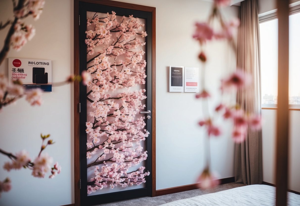 A bedroom door with a cherry blossom privacy screen, adorned with promotional materials