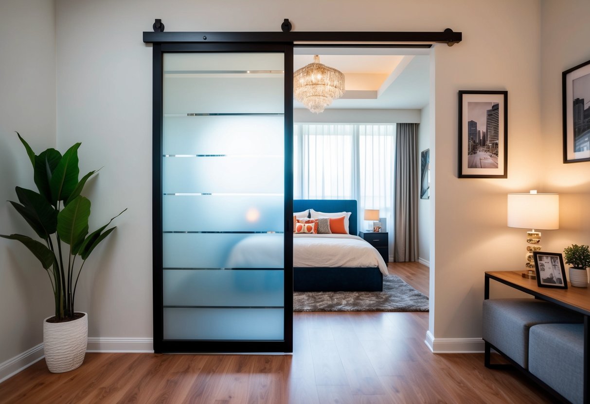 A frosted glass sliding door opens to reveal a bedroom with promotional decor