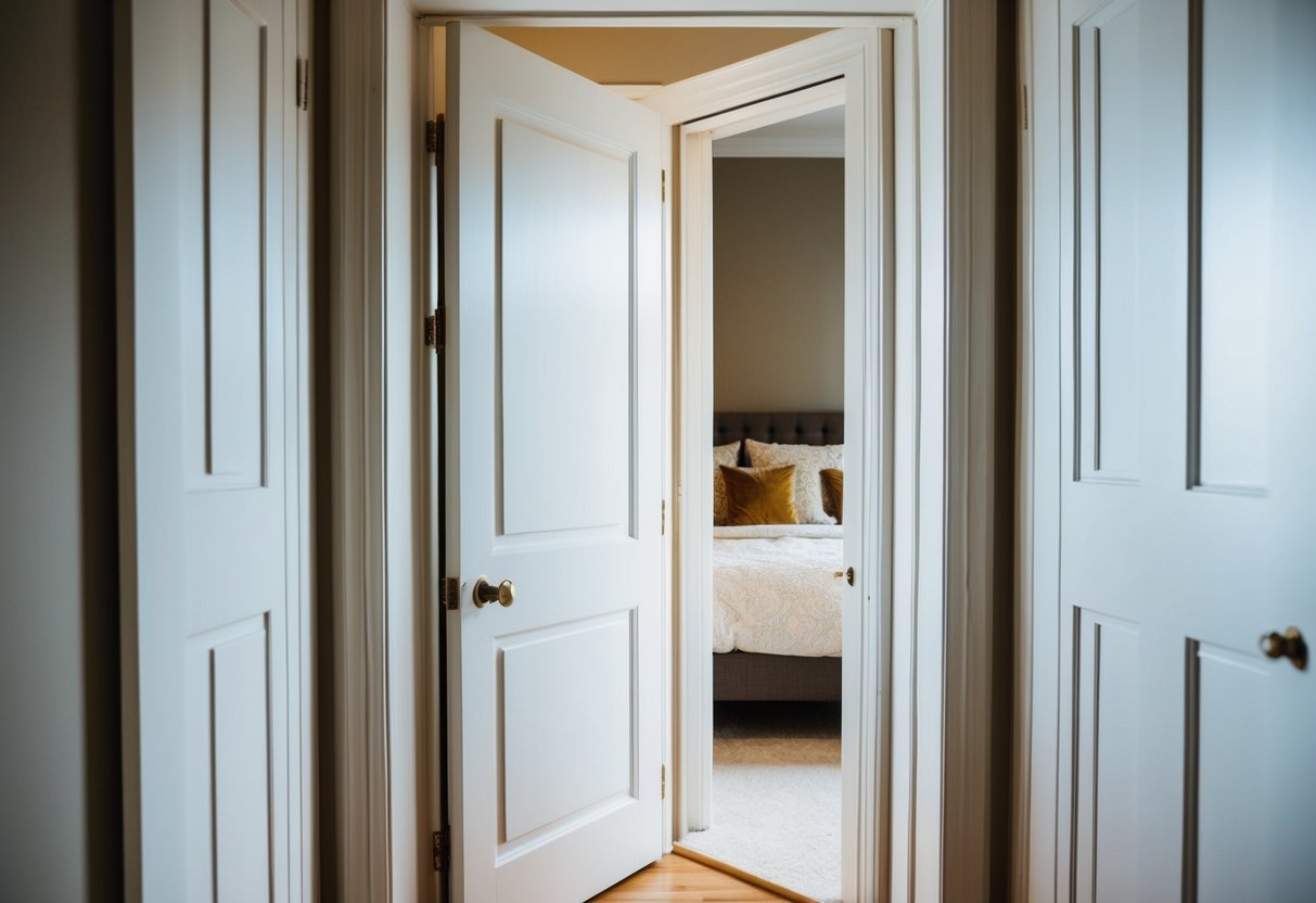 A classic white bifold bedroom door stands ajar, revealing a glimpse of a cozy, inviting interior