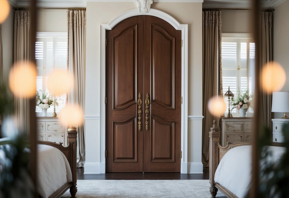 A luxurious bedroom with a tall, elegant walnut French door, adorned with ornate hardware and surrounded by soft, ambient lighting
