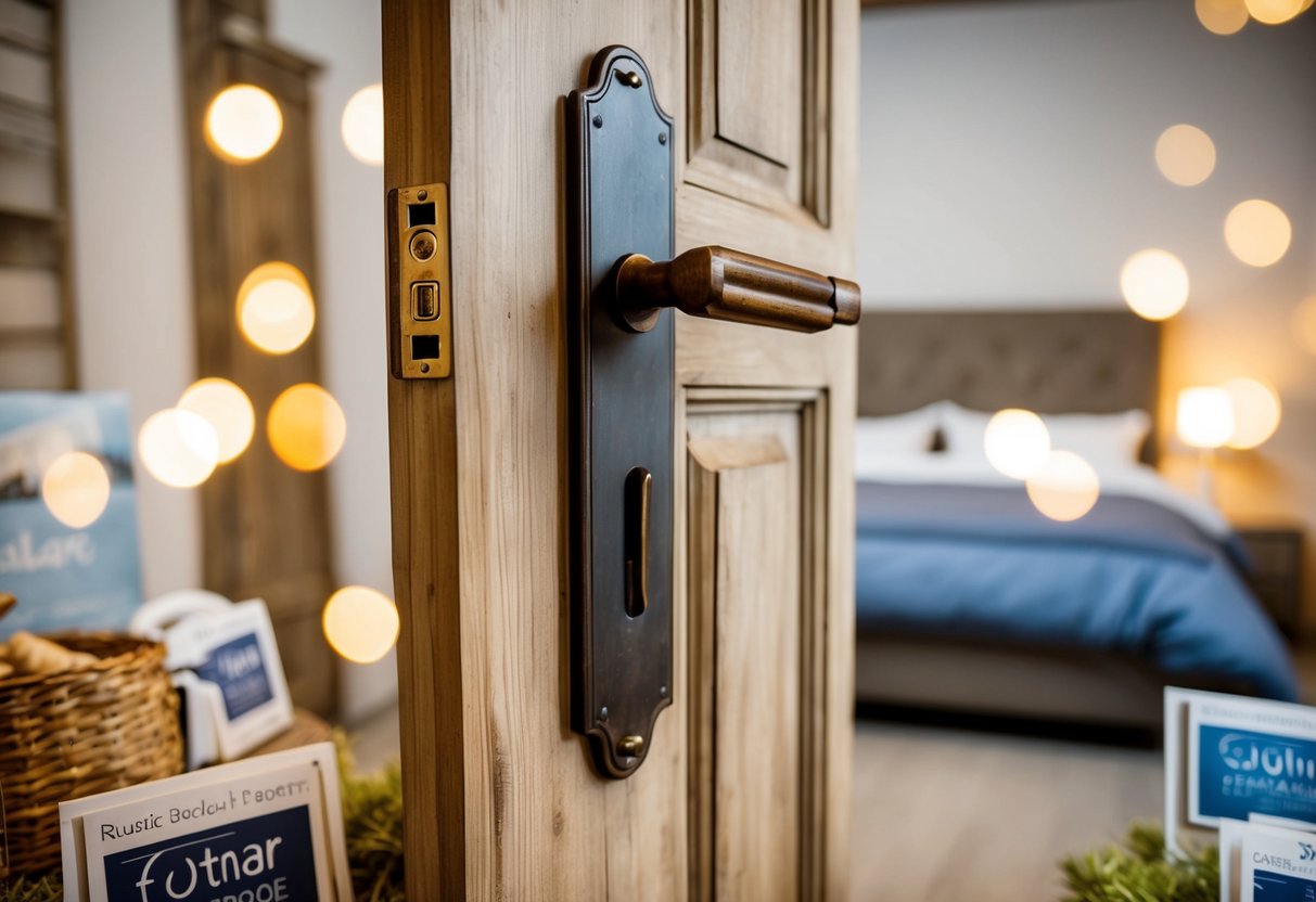 A rustic bedroom door with a cottage-style latch, surrounded by promotional decor