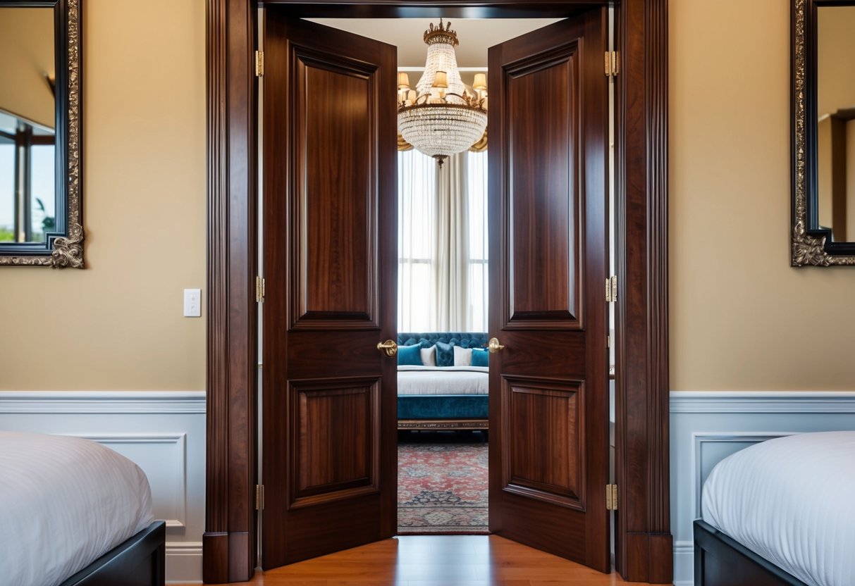 A grand mahogany bedroom door stands ajar, invitingly showcasing its luxurious design