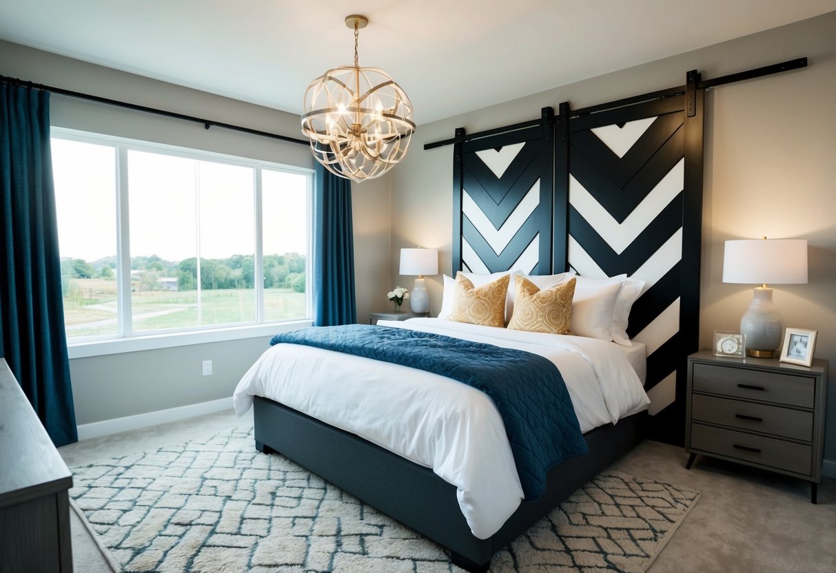A bedroom with a contemporary Chevron Barn Door, showcasing promotions
