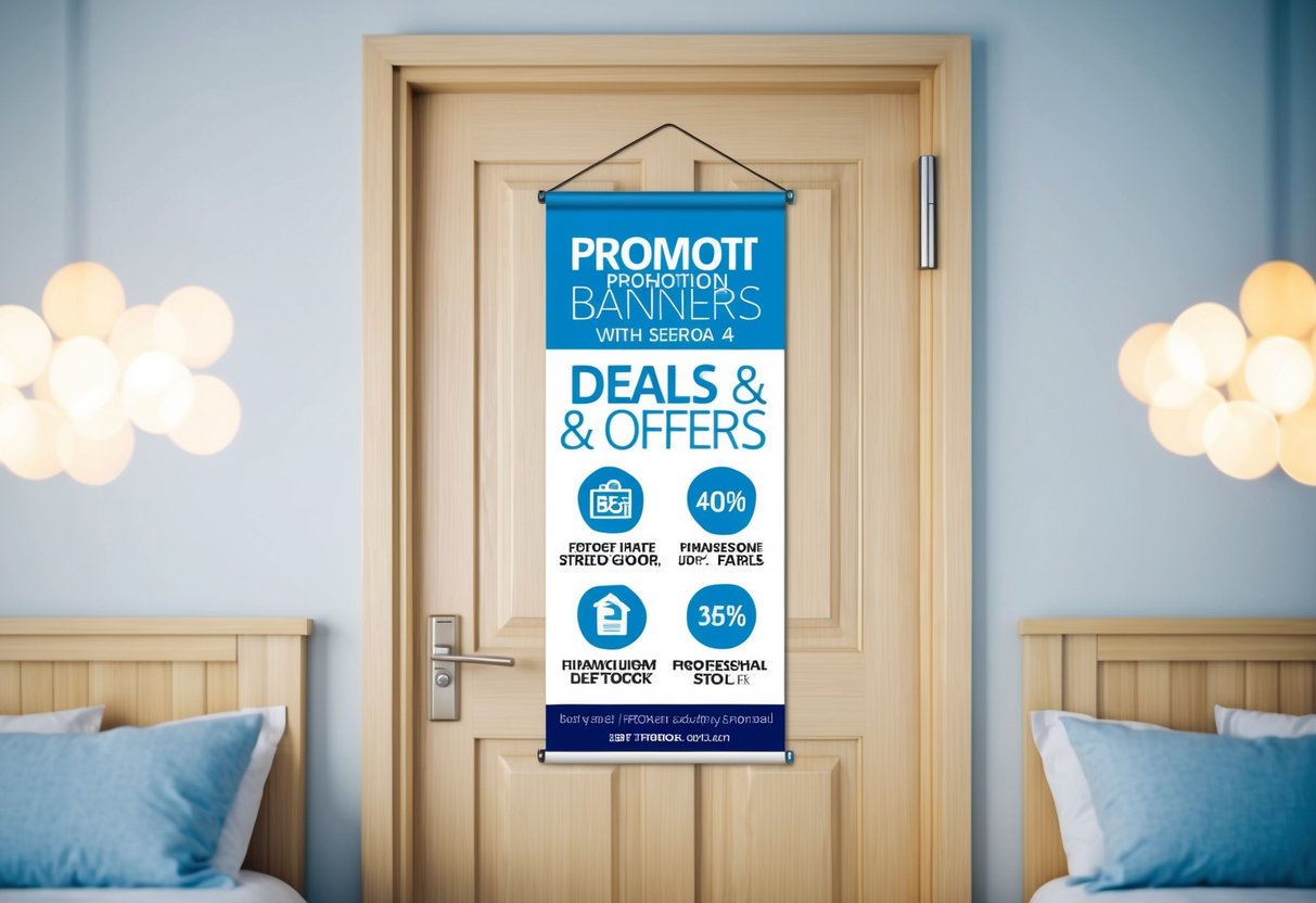 A bedroom door with a promotional banner hanging above it, showcasing various deals and offers