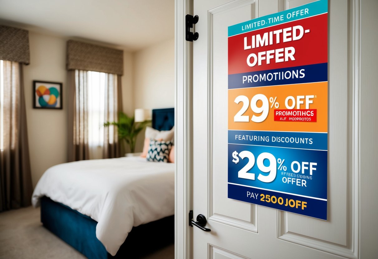 A bedroom door adorned with limited-time offer promotions, featuring enticing discounts and colorful graphics