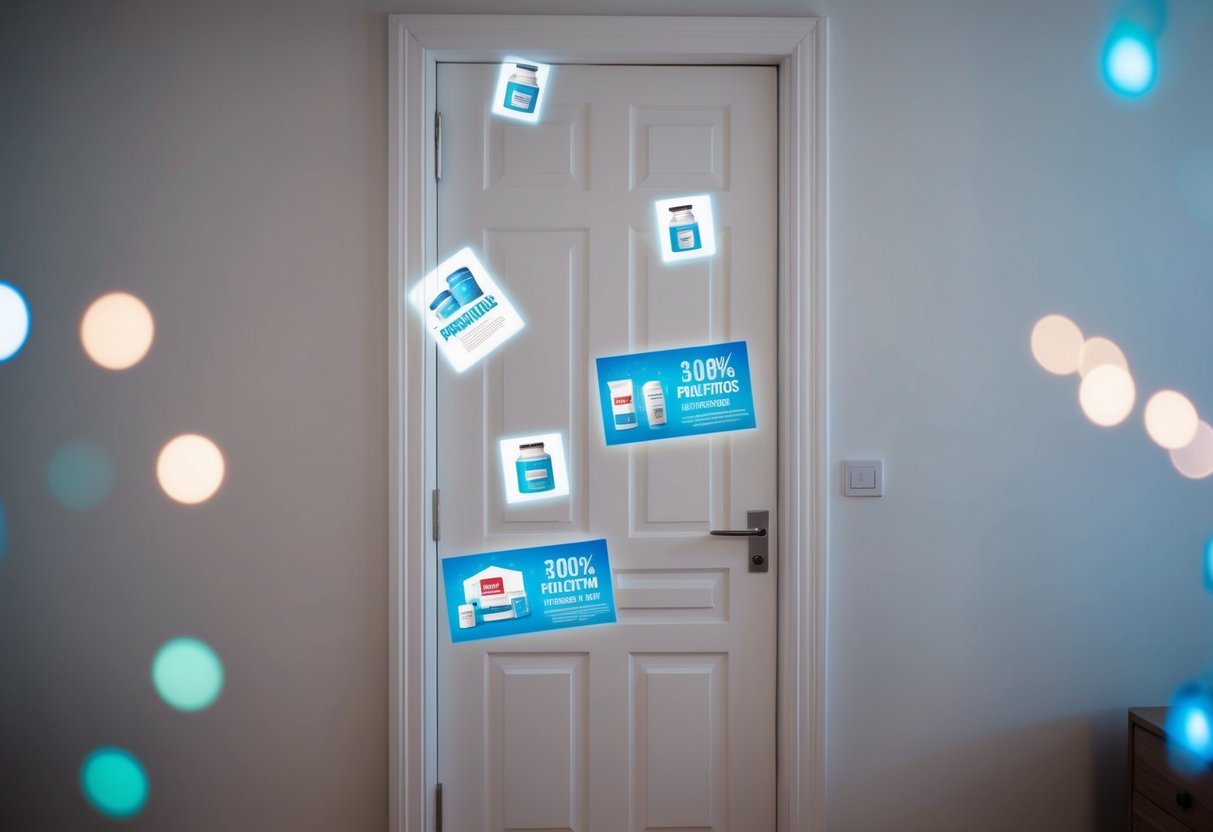 A bedroom door adorned with holographic projections of products and promotions