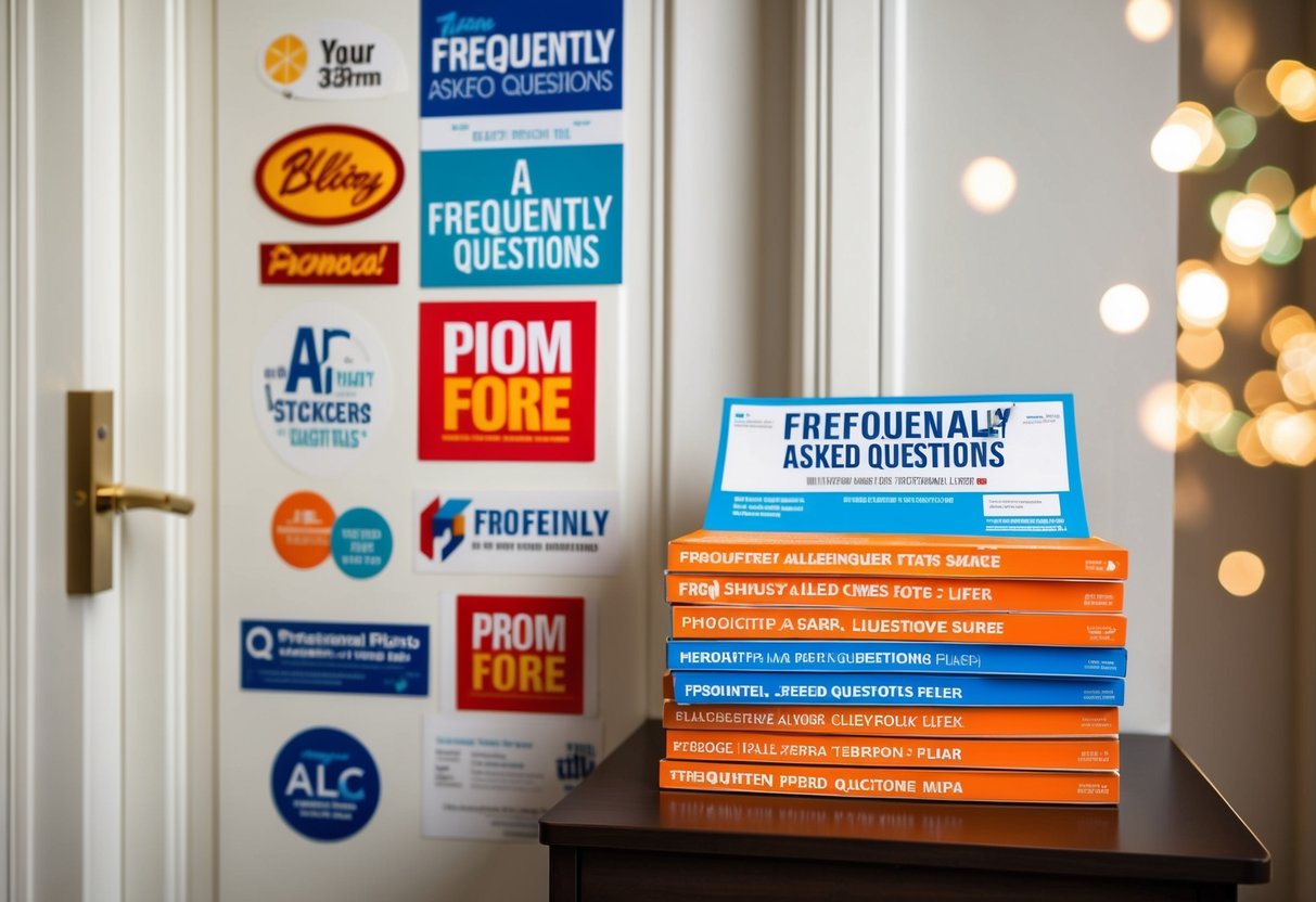A bedroom door adorned with promotional stickers and a stack of frequently asked questions flyers