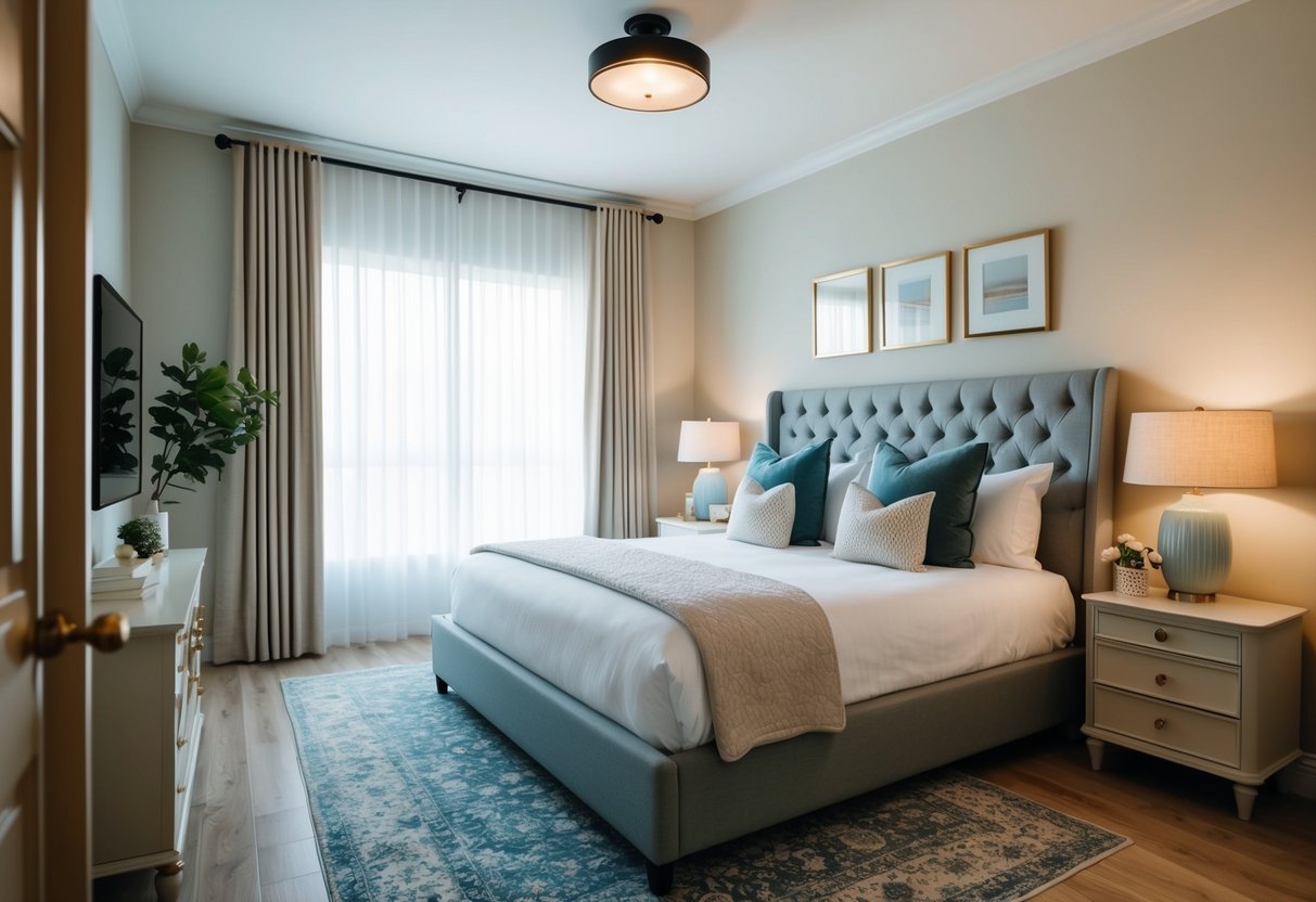 A cozy bedroom with a stylish bed, matching nightstands, and soft lighting