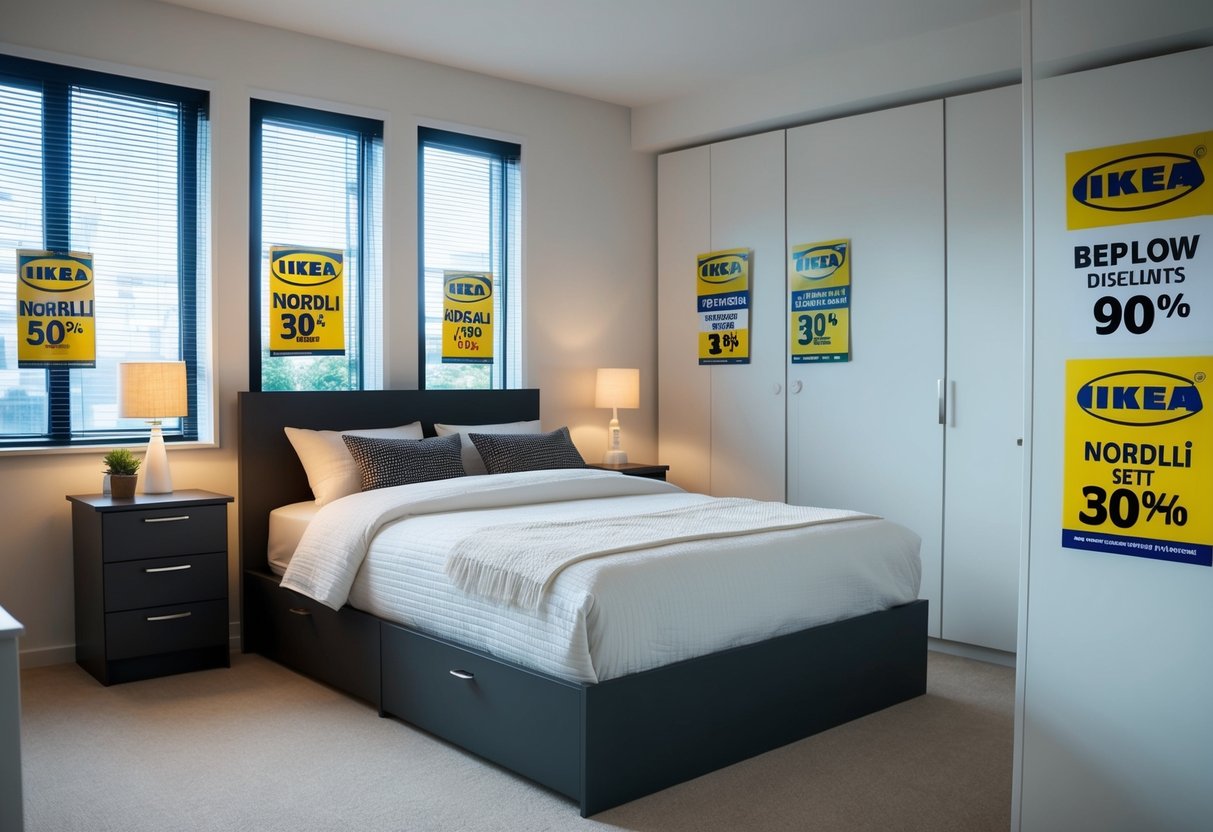 A bedroom with IKEA Nordli set, featuring bed, nightstands, and storage units. Promotional signs and discounts displayed