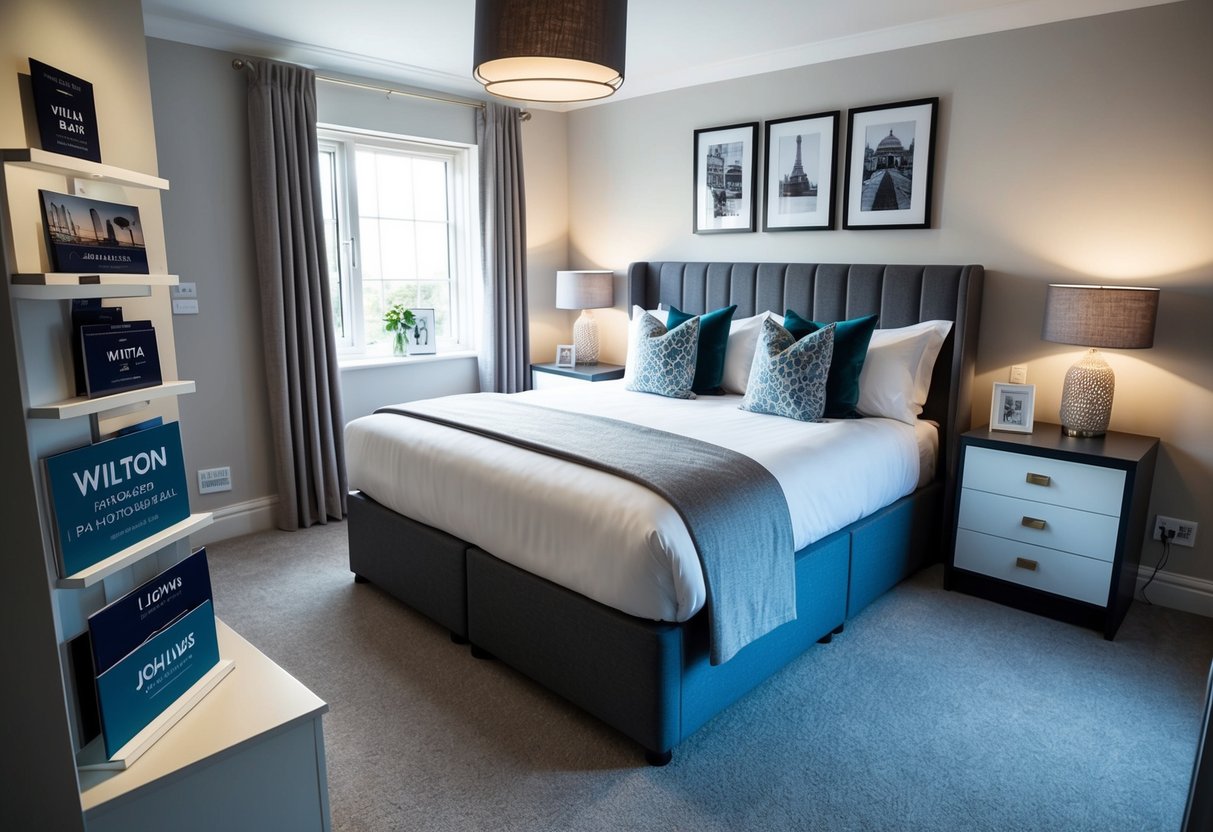 A cozy bedroom with a modern Wilton bedroom set from John Lewis & Partners, featuring promotional items on display