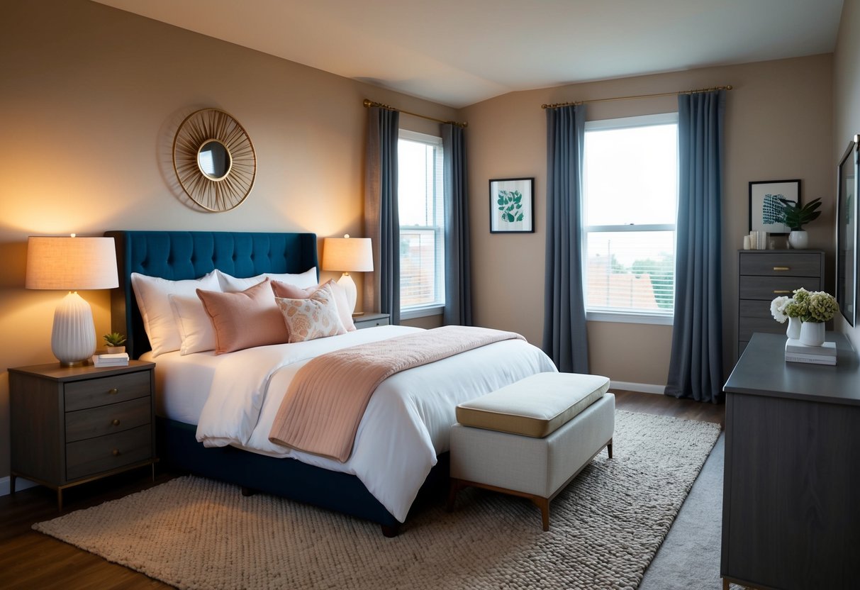 A cozy bedroom with a Made.com Haru Bedroom Bundle set, featuring a bed, nightstand, and dresser. Warm lighting and soft bedding create a welcoming atmosphere