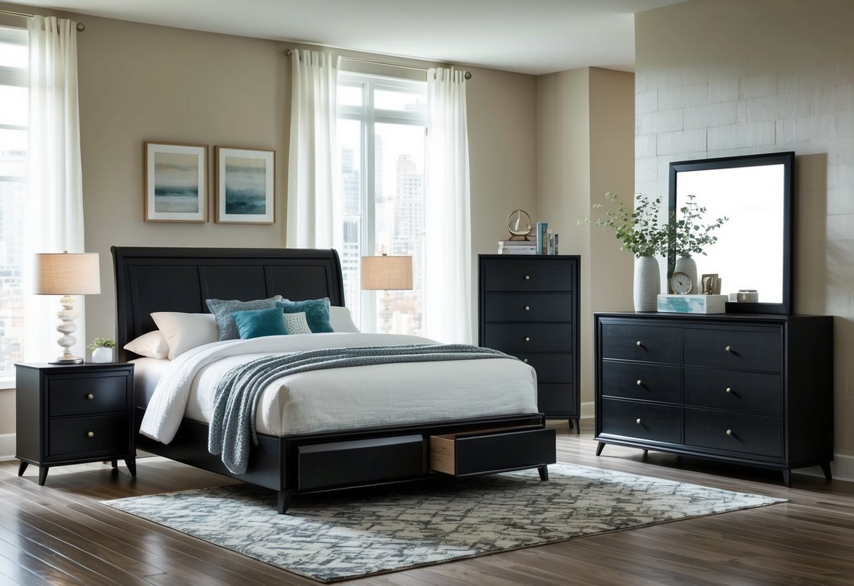 A cozy bedroom with a modern furniture set, featuring a bed, nightstands, and a dresser, all in a stylish and inviting design