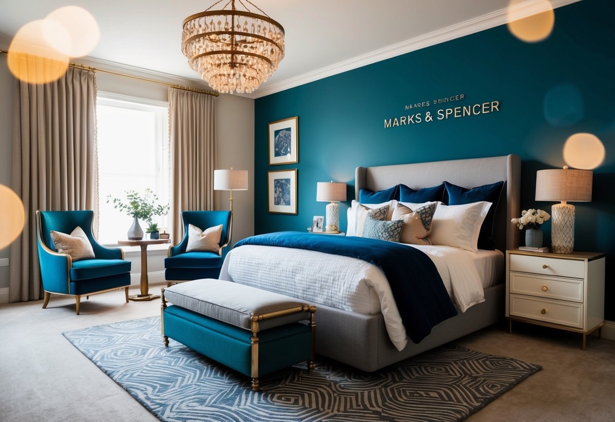 A cozy bedroom with a Marks & Spencer Hastings Set, featuring elegant furniture and stylish decor, set up for a promotional display