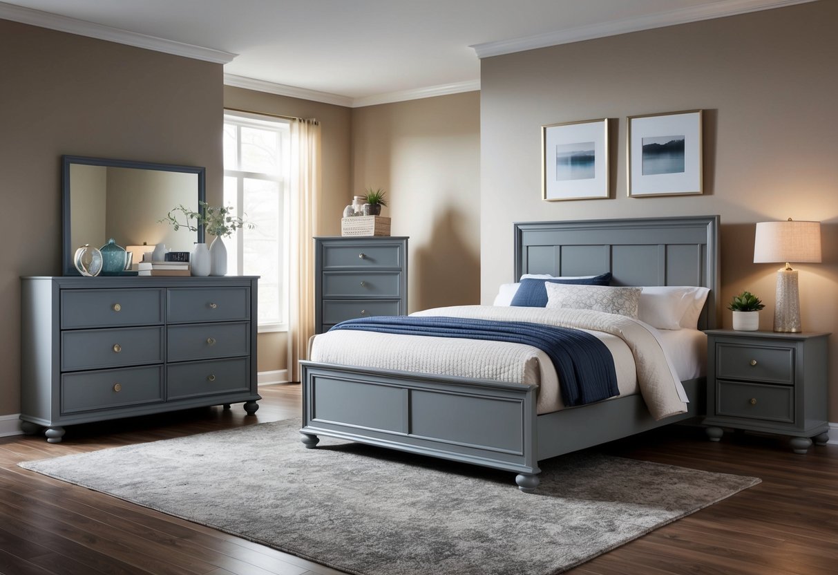 A cozy bedroom with a Bronx Grey Bedroom Set, featuring a bed, nightstands, and a dresser with a large mirror. Warm lighting and soft bedding complete the inviting scene