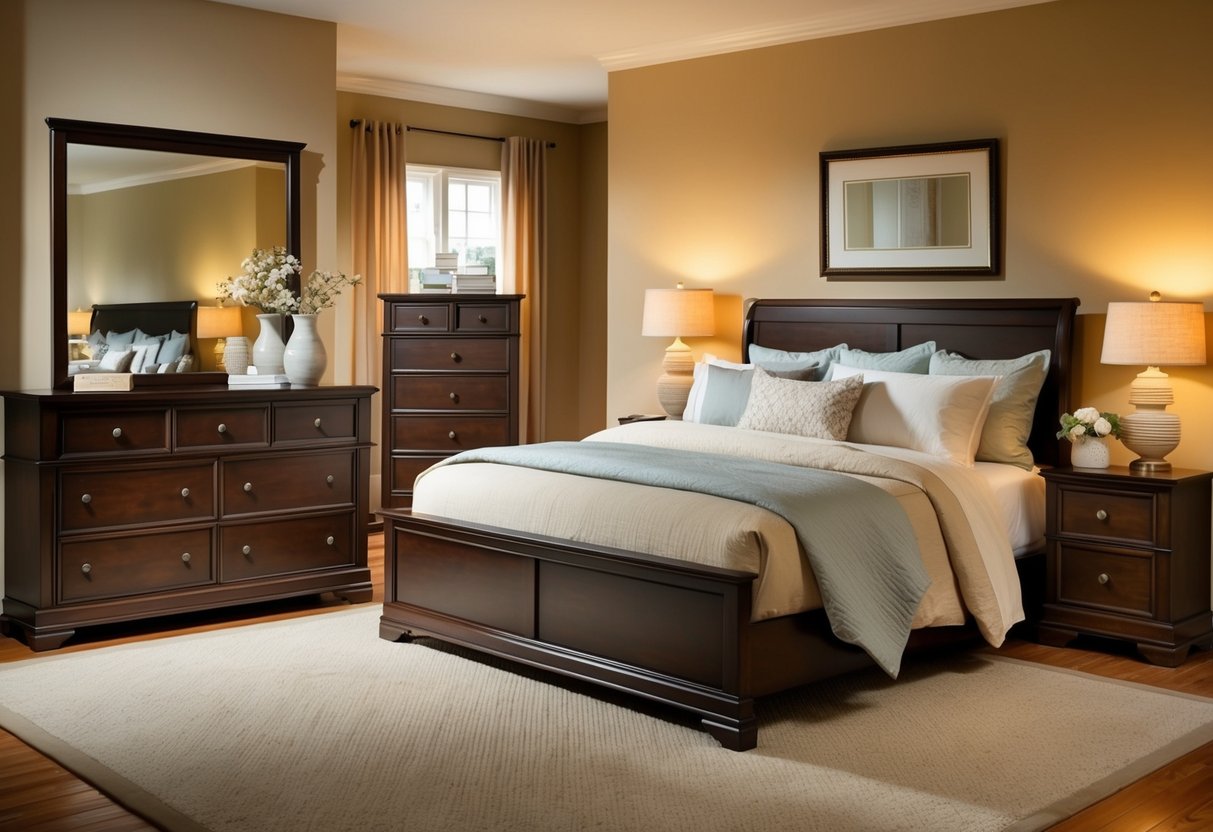 A cozy bedroom set with a queen-size bed, matching nightstands, and a dresser with a large mirror. Warm lighting and soft bedding complete the inviting scene