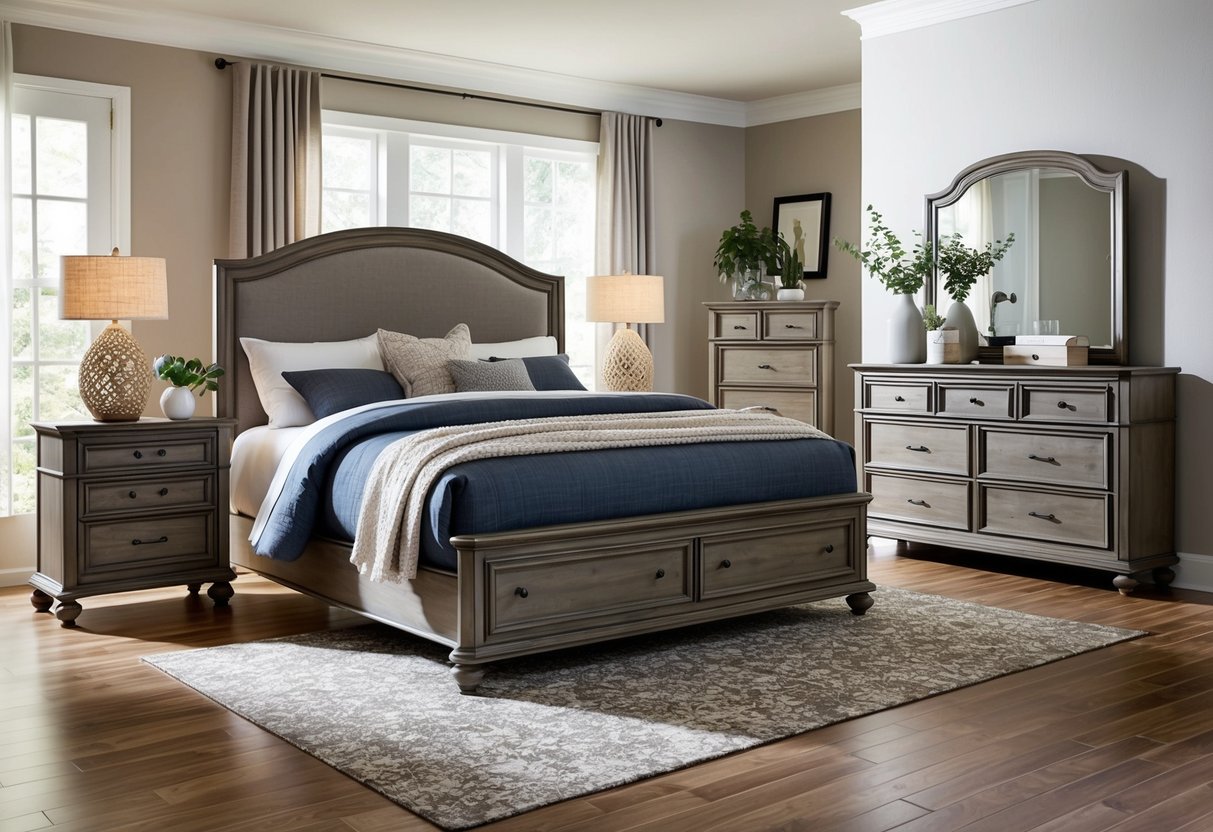 A cozy bedroom suite with Wayfair Gracie Oaks furniture, featuring a bed, nightstands, and a dresser, all set up in a stylish and inviting bedroom