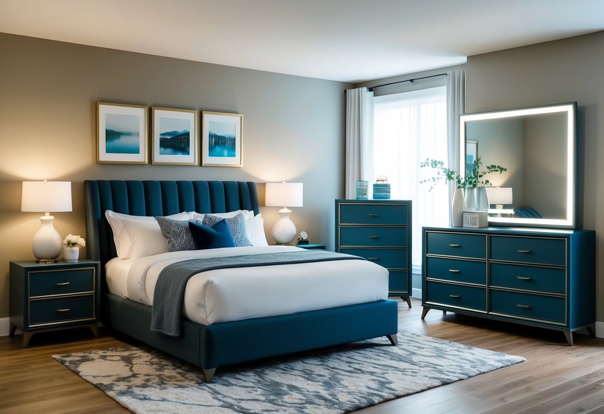 A cozy bedroom with a stylish and modern bedroom set, featuring a comfortable bed, matching nightstands, and a sleek dresser with a large mirror