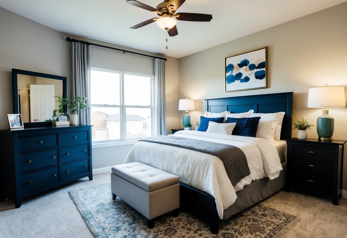 A bedroom with a complete set of furniture including a bed, nightstands, dressers, and a mirror. The room is well-lit and inviting, with a cozy and modern aesthetic