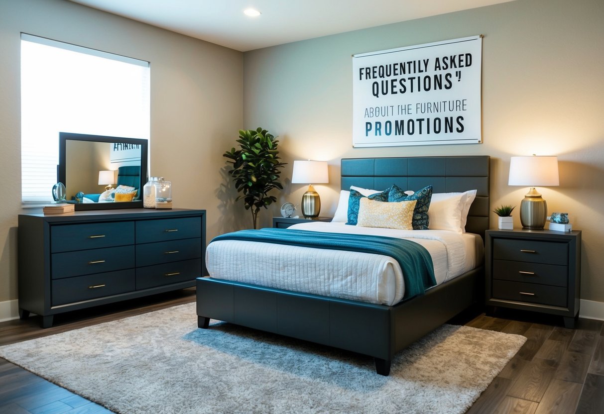 A cozy bedroom with a modern bed, nightstand, and dresser. A banner above the bed advertises "Frequently Asked Questions" about the furniture promotions